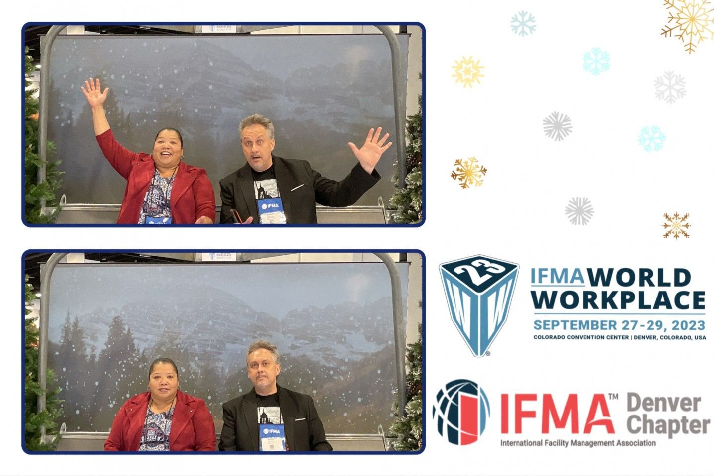 Two people with raised arms, in a snowy landscape. IFMA World Workplace event logo.