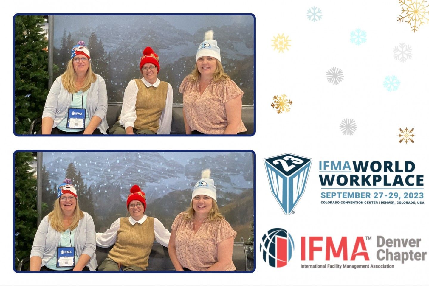 Three people wearing holiday hats pose for photos at a conference.