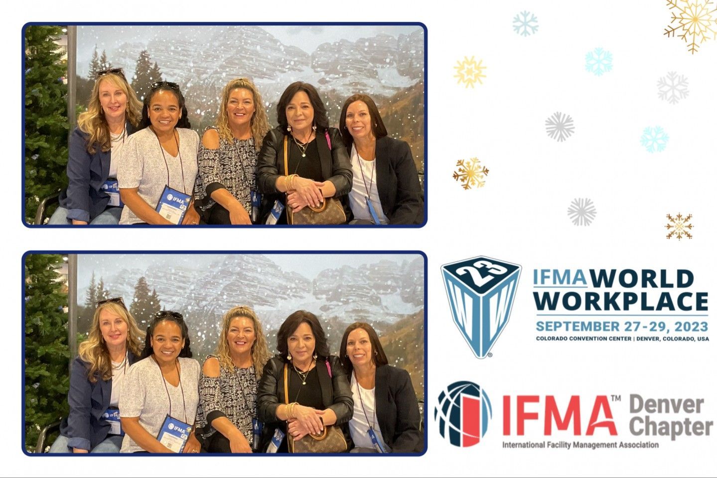 Photos of five women posing, with winter mountain backdrop, IFMA World Workplace event branding.
