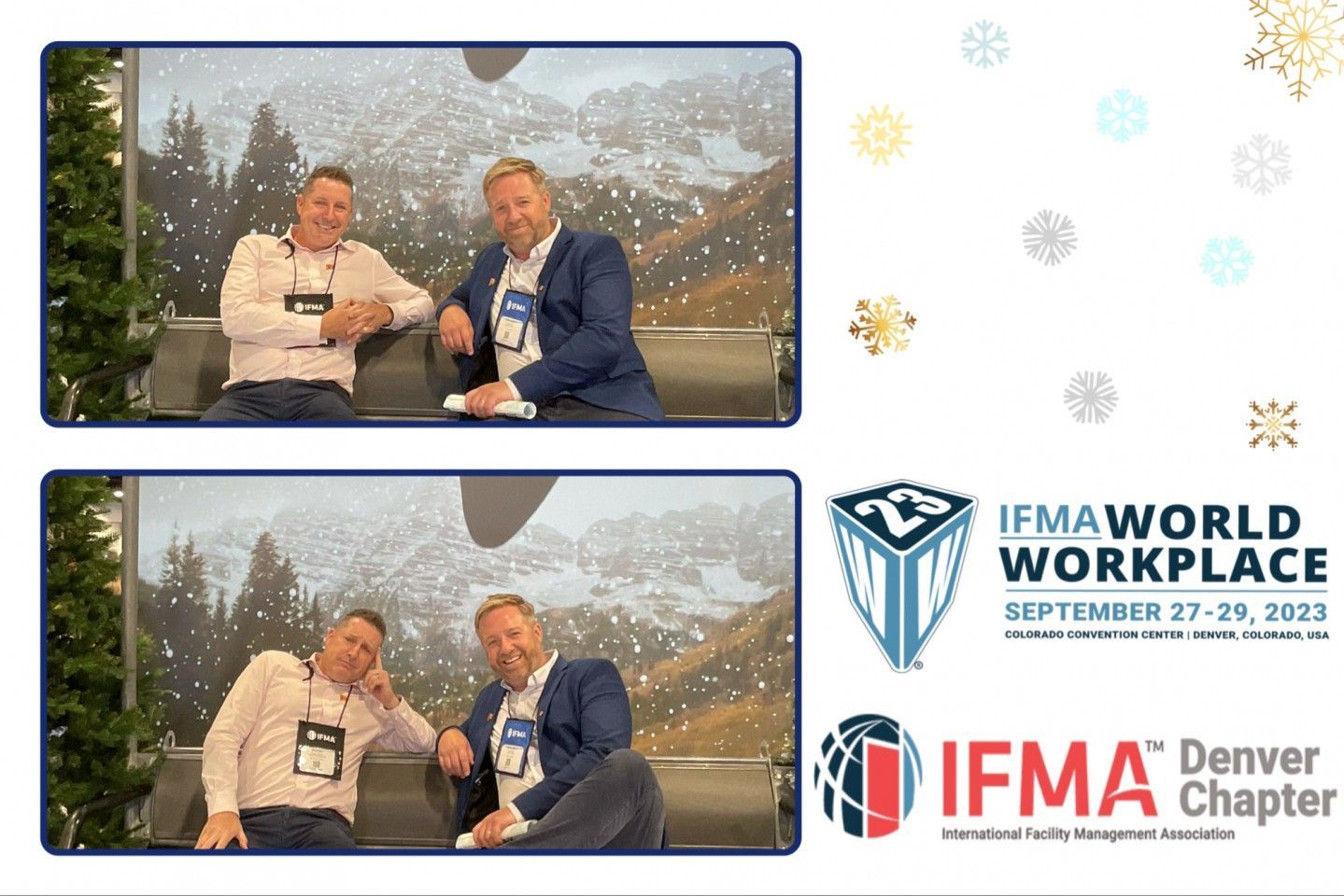 Two men on a couch; one smiling, one leaning, with a snowy mountain backdrop. IFMA World Workplace event logo.