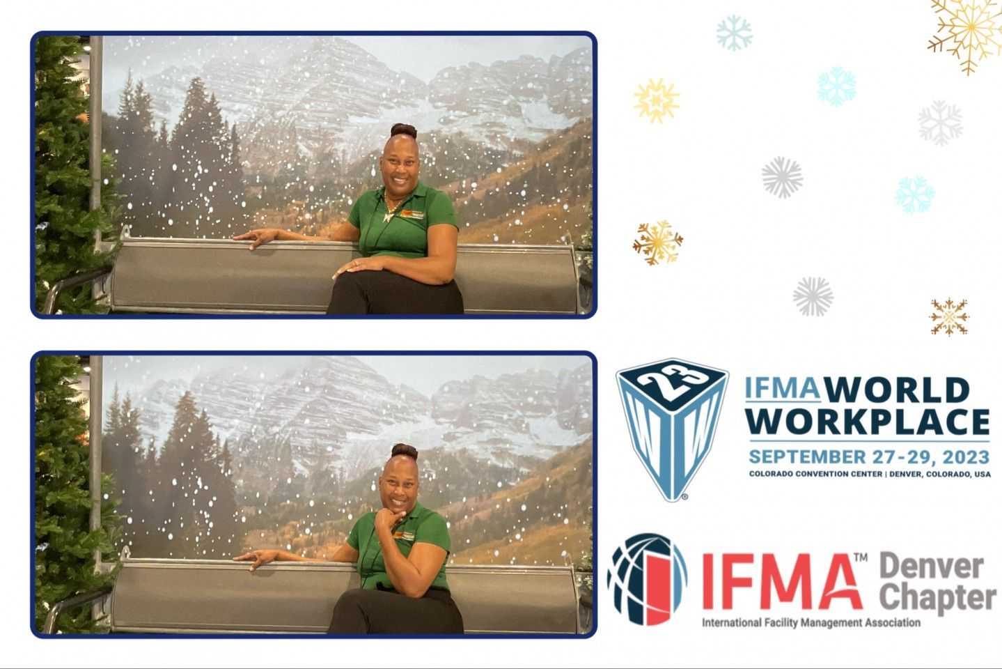 Woman sitting in front of a snowy mountain backdrop. IFMA conference logo and text: