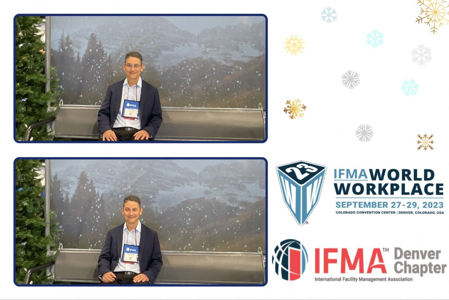 Two photos of a man in a blazer; snowy background; IFMA logos.