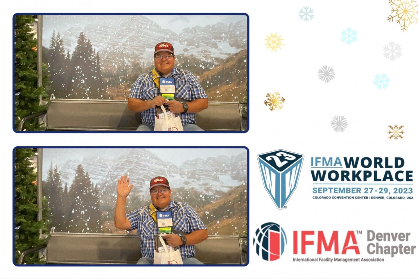 Man in cap and plaid shirt, waving at an IFMA World Workplace event in Denver, September 27-29, 2023.