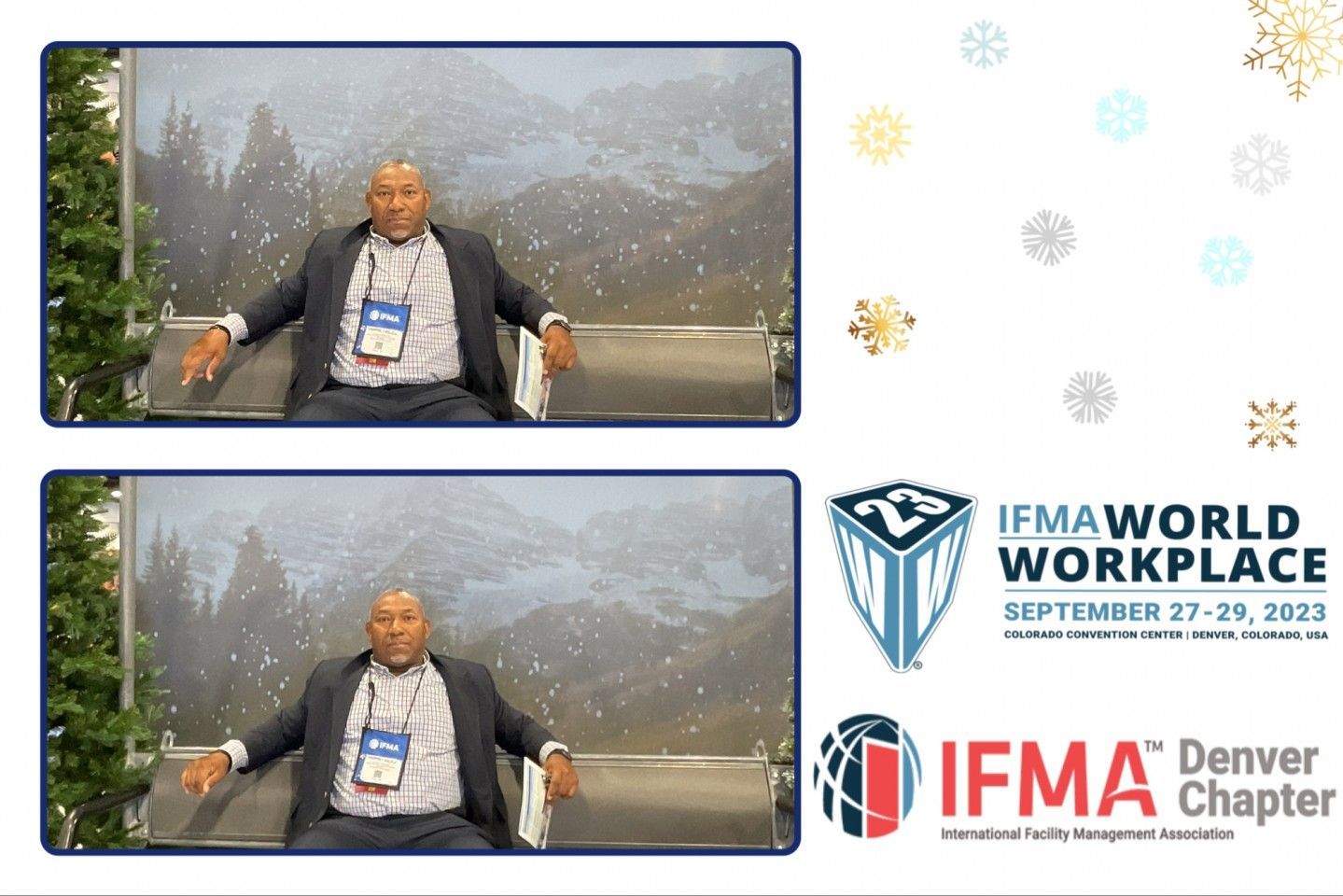 Man in blazer on a gray bench with snowy background. IFMA conference logo and Denver chapter logo.