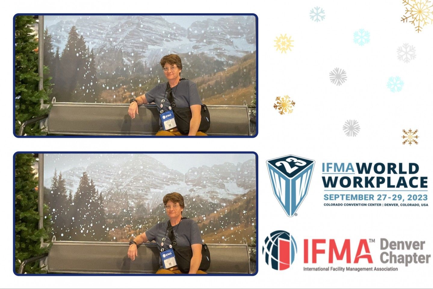 Person at IFMA Denver Chapter event, in front of a snowy mountain backdrop. The event logo is shown.