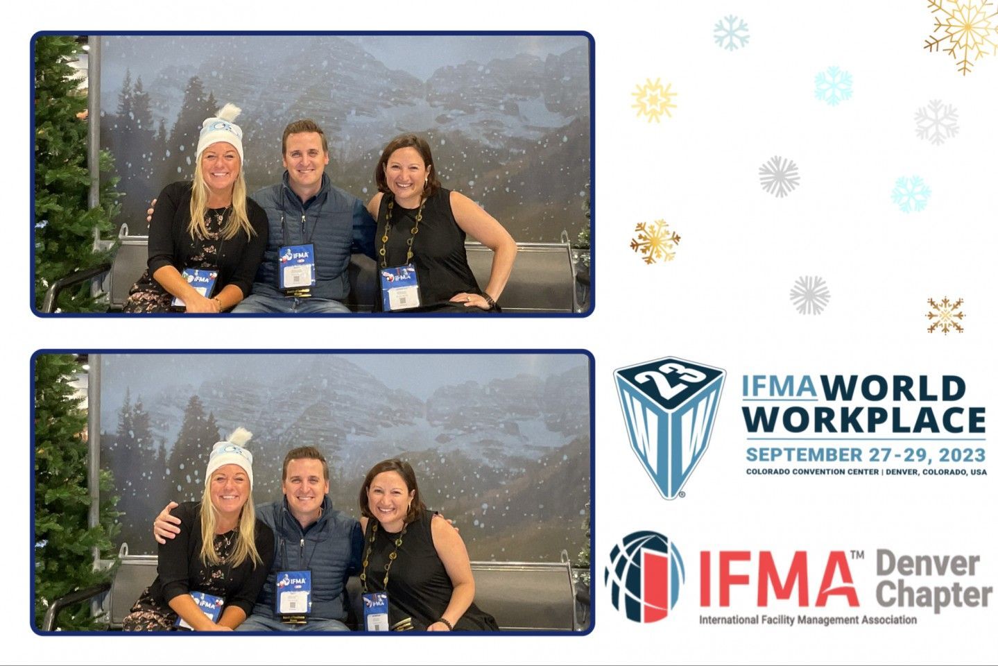 Two photo booth strips of three people smiling at the IFMA World Workplace event, with a wintery backdrop.