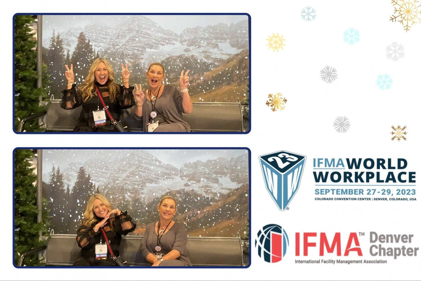 Two women posing for photos at IFMA World Workplace, snowy mountain backdrop.
