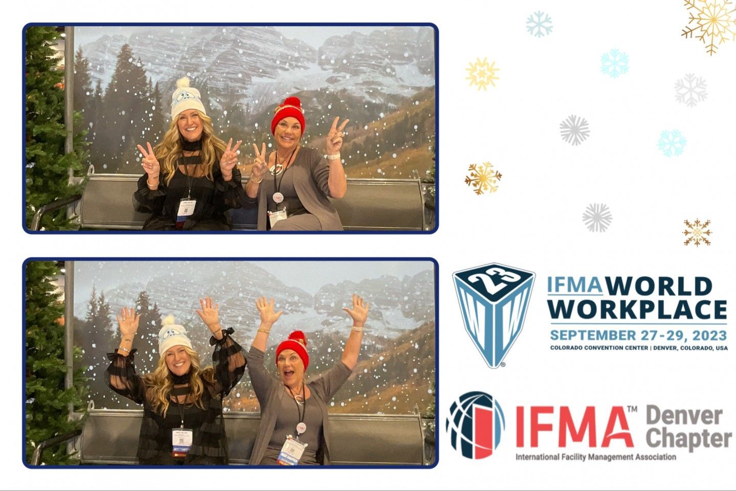 Two women in winter hats pose with peace signs and raised arms, against a snowy mountain backdrop. IFMA event logo.