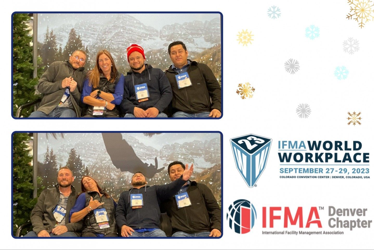 Attendees at IFMA World Workplace event, posing for photos in front of a snowy mountain backdrop