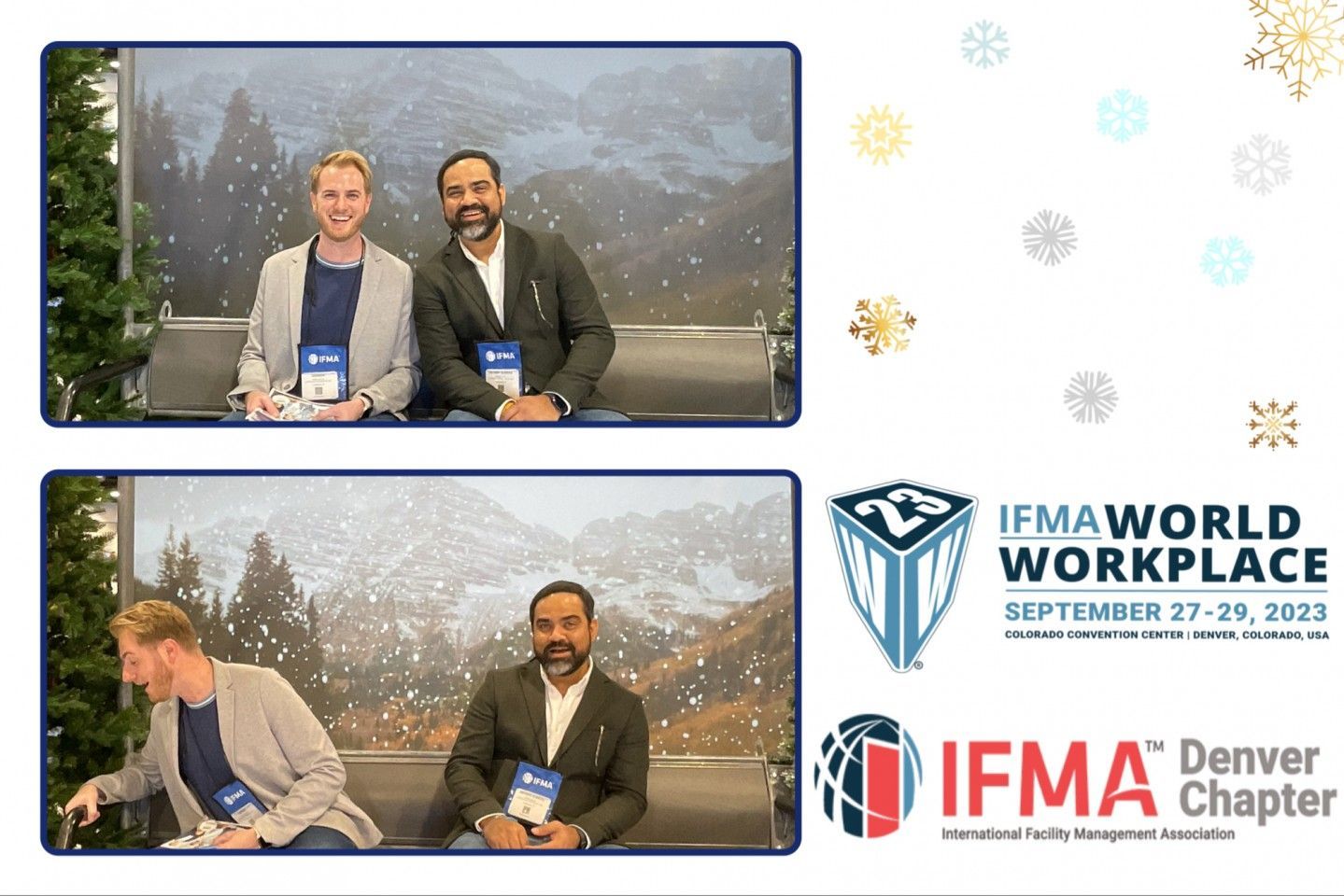 Two men at IFMA World Workplace event, posing in front of a winter-themed backdrop. The top image shows them smiling.