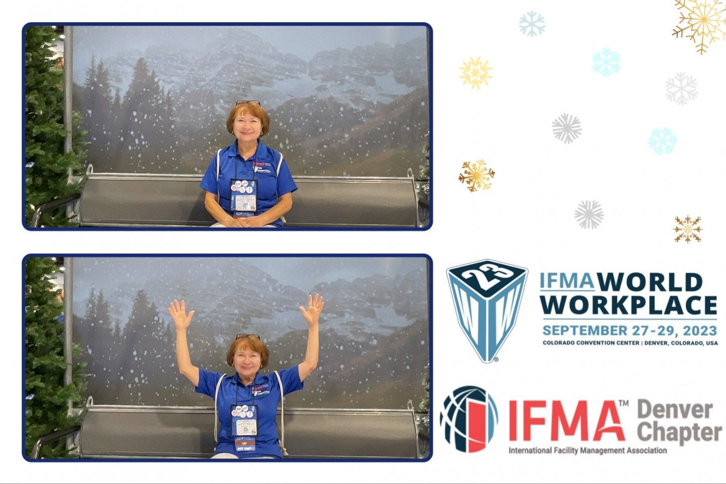 Woman in blue shirt on a snowy background, waving at IFMA World Workplace event, September 2023.