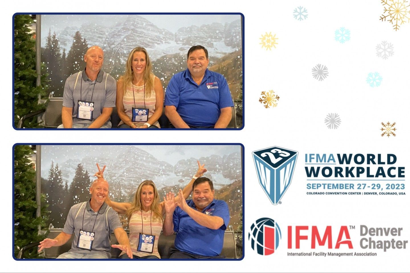 Two photos: Three people at an event; first formal, second playful with hand gestures. IFMA World Workplace event logo.