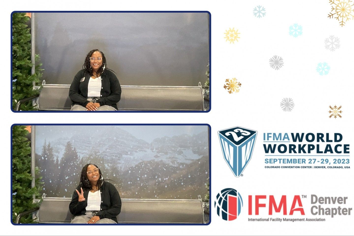 Woman on a bench in two panels; one with a blank background, the other snowy. IFMA World Workplace and Denver Chapter logos.