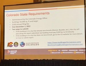 Slide detailing Colorado's state building requirements. It includes size, fee, and submission details.