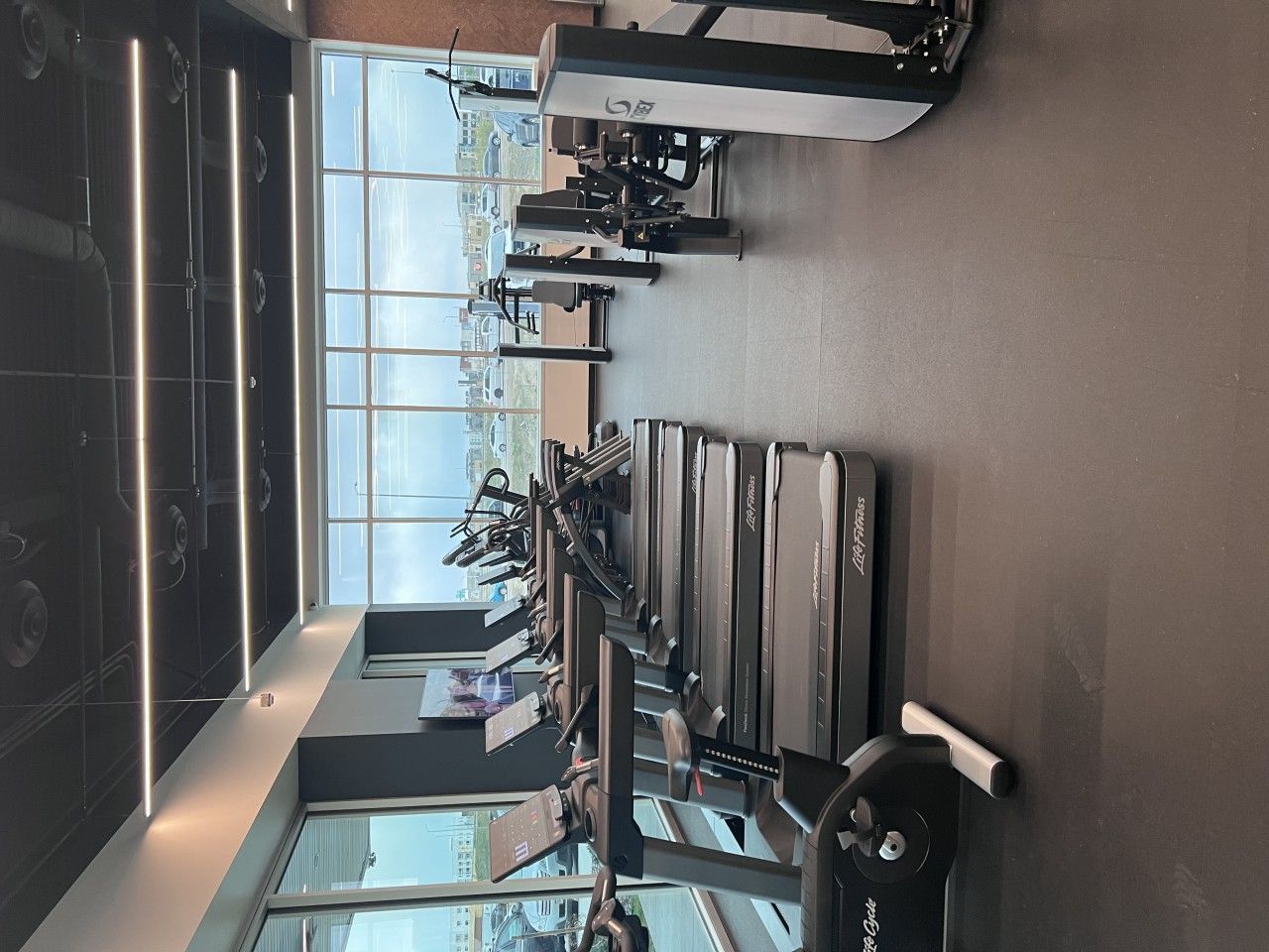 Gym interior with treadmills, weight machines, and large windows.