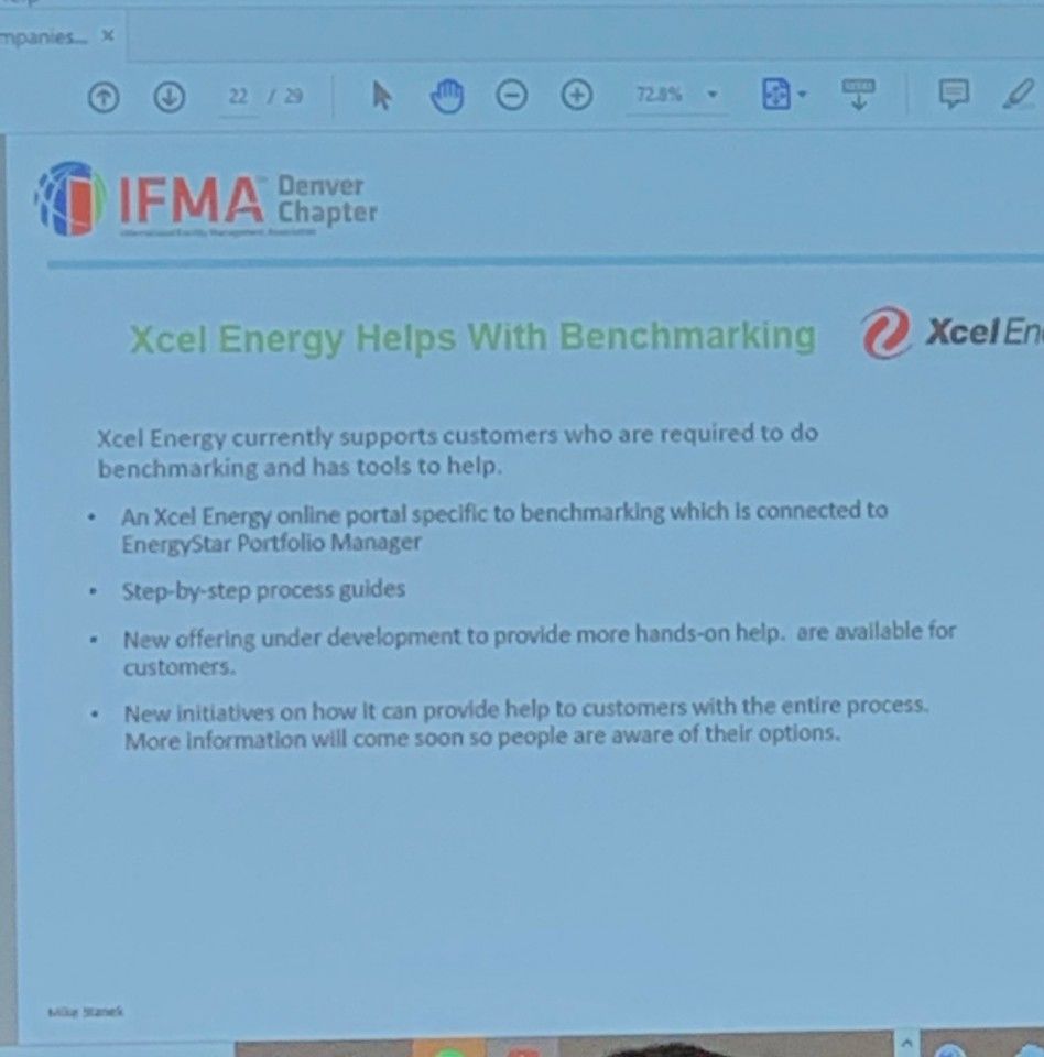 A slide from IFMA Denver Chapter presentation about Xcel Energy's benchmarking tools.