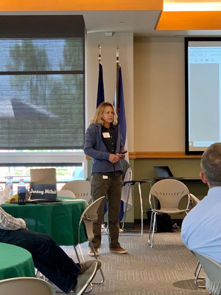 Woman presenting at a meeting, holding a phone, standing in front of flags and a screen; people seated.