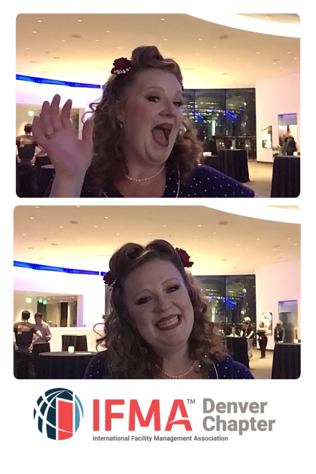 Woman with curly hair and flower hair accessories at IFMA Denver Chapter event, in two frames, waving and smiling.