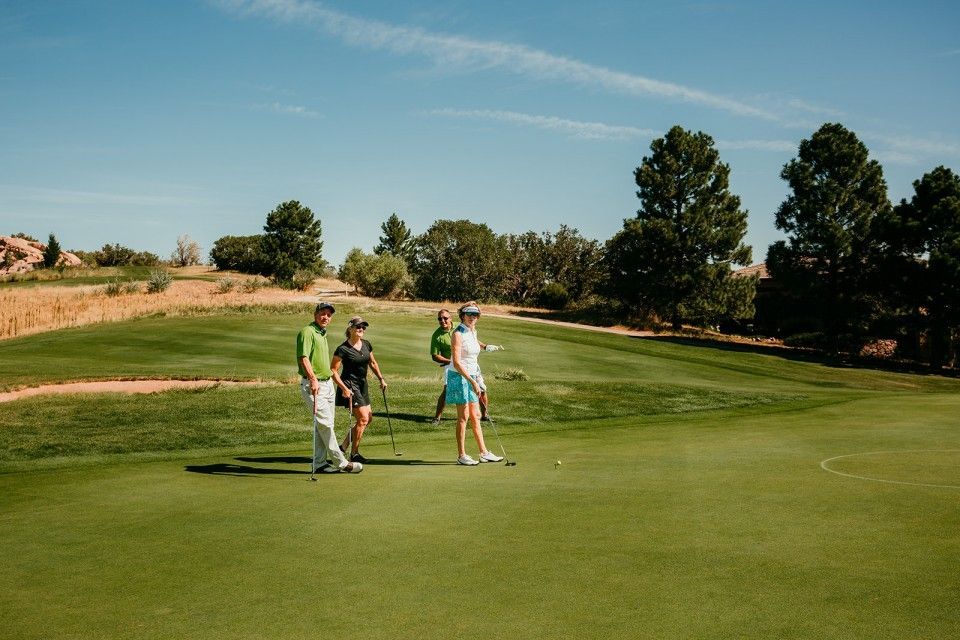 People golfing on a green course under a blue sky.