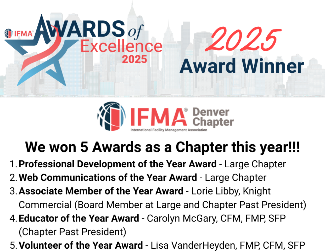 IFMA Denver Chapter wins five awards in 2025: including Professional Development and Web Communications of the Year awards.