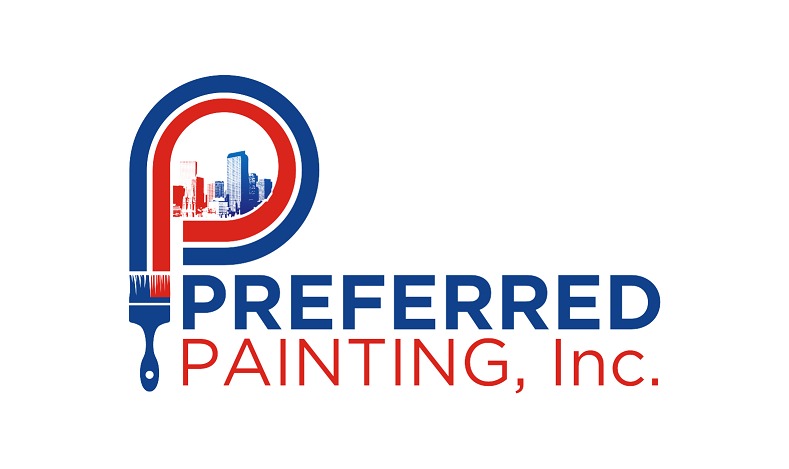 Preferred Painting, Inc. logo with a paint brush design over a cityscape. The logo is blue, red, and white.