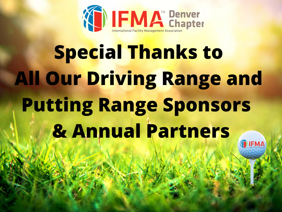 Text on golf course thanking sponsors for supporting the IFMA Denver Chapter.