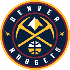 Denver Nuggets team logo: Navy blue, gold, and white circular design with crossed pickaxes, basketball, and mountain peak.