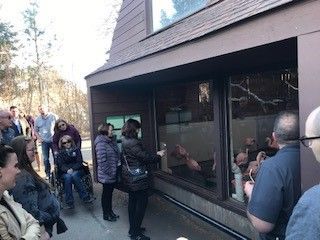 People at a window, likely at a zoo, interacting with orangutans indoors.