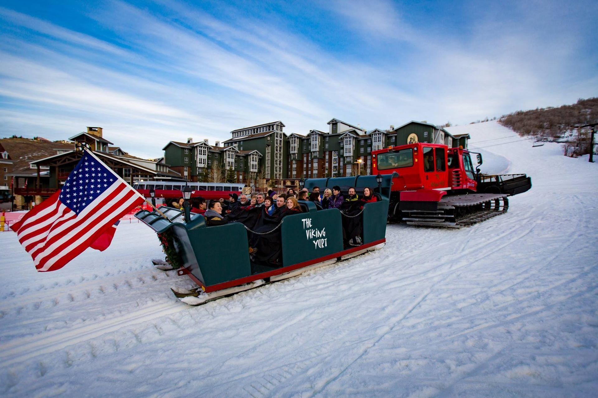 snow cat and sleigh at meeting location