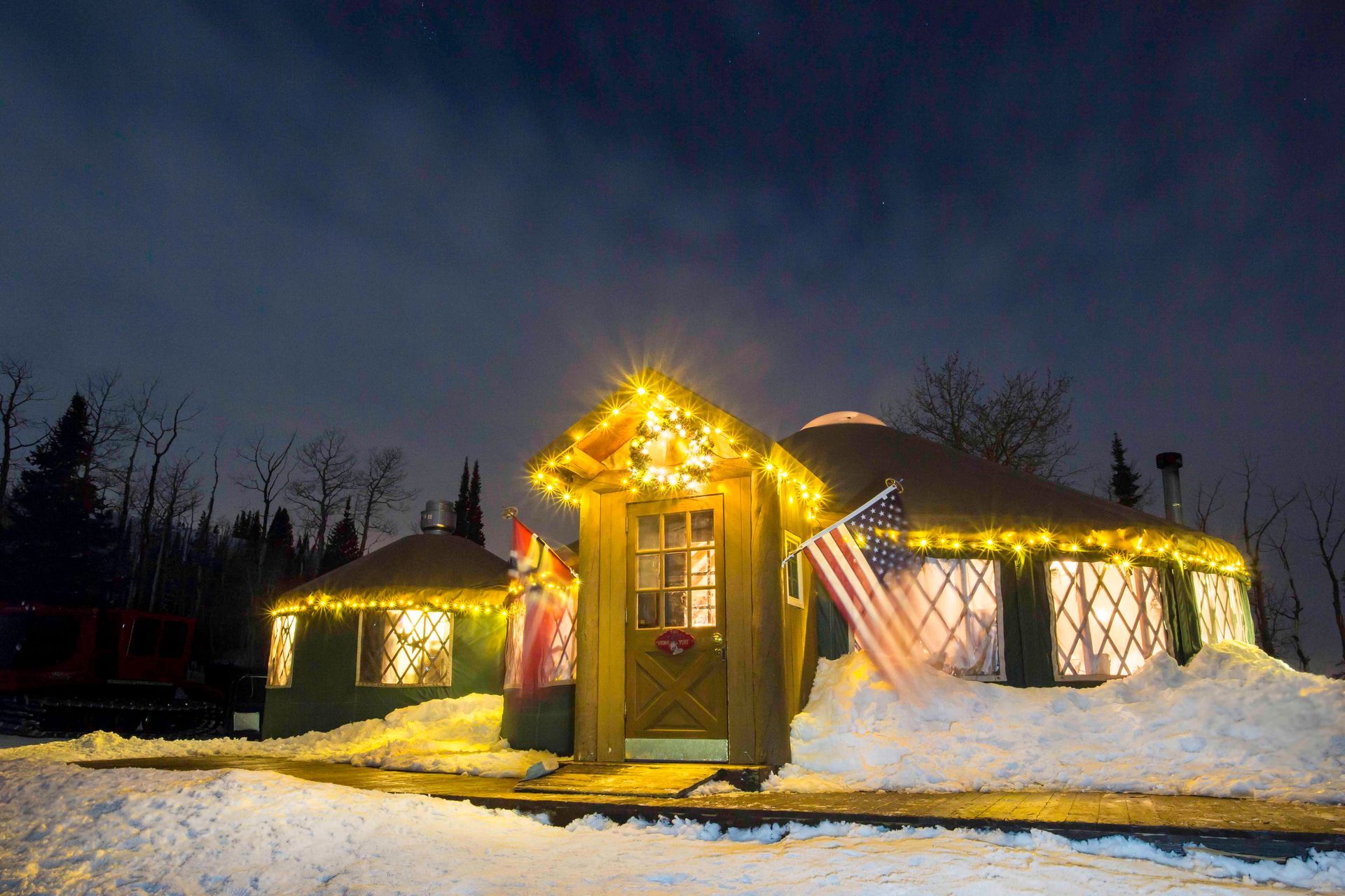 viking yurt as night falls