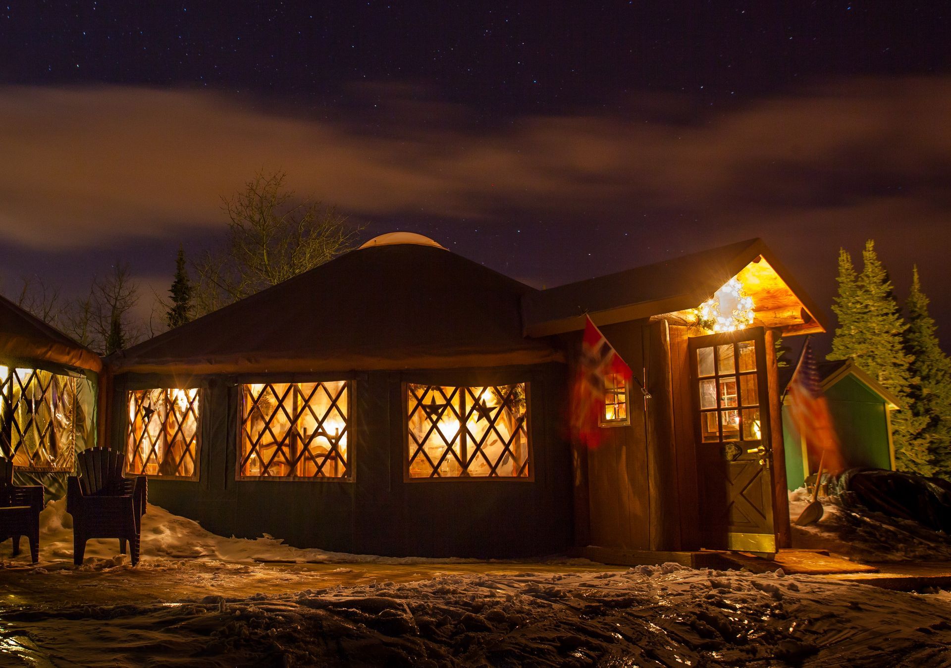 viking yurt at night