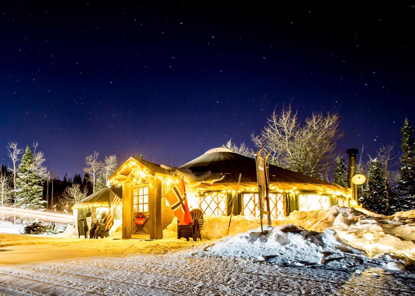 glow of the yurt lights at night