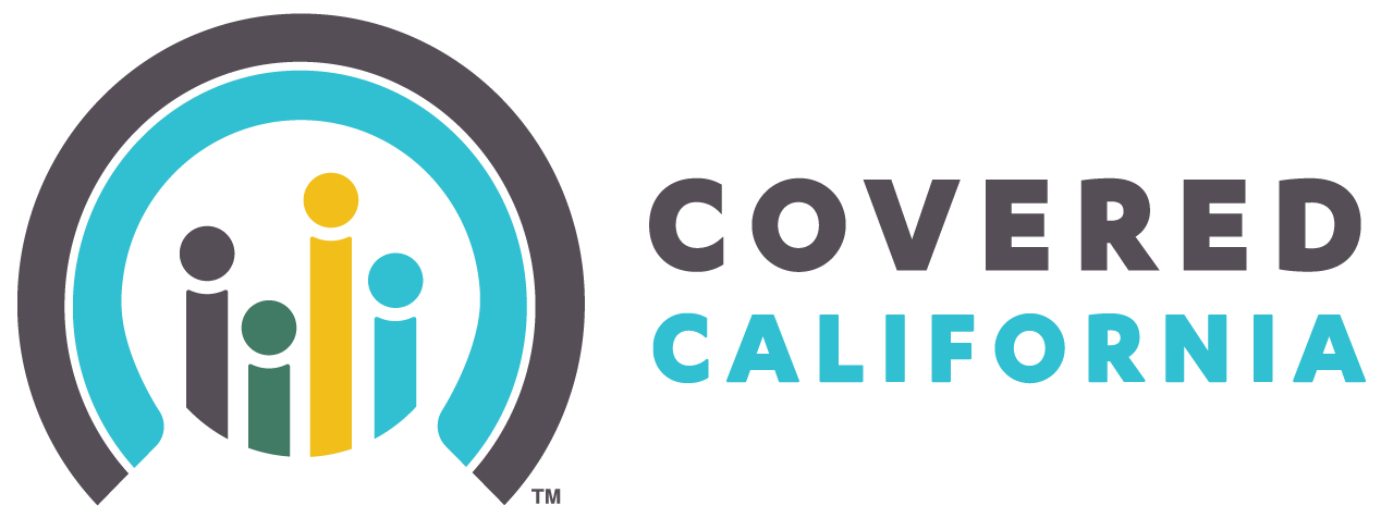 Covered California logo: stylized rainbow arc with colorful bar graphs; text reads “COVERED CALIFORNIA”.