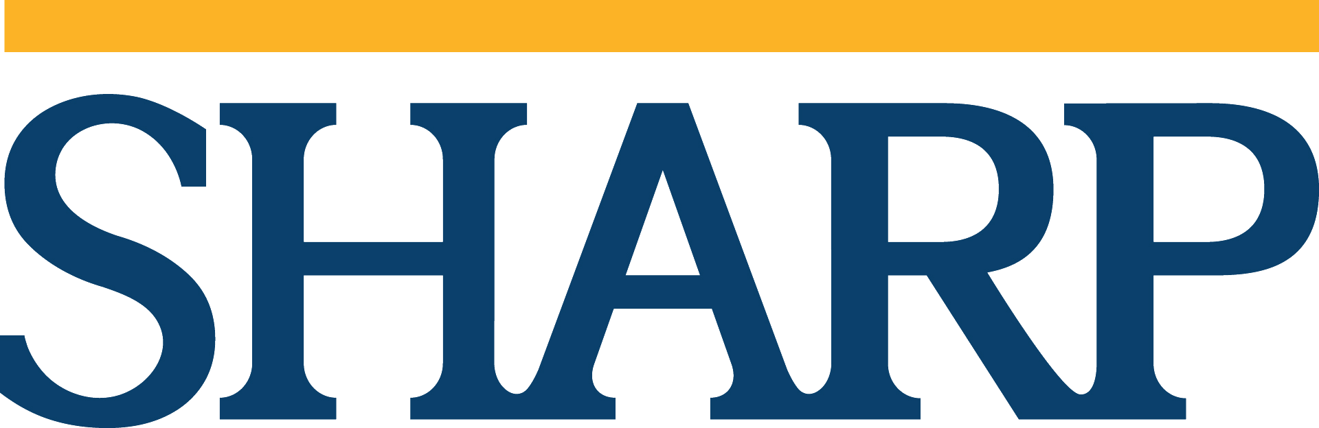 "SHARP" text in dark blue with a yellow horizontal bar above it.
