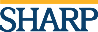 "SHARP" text in dark blue with a yellow horizontal bar above it.