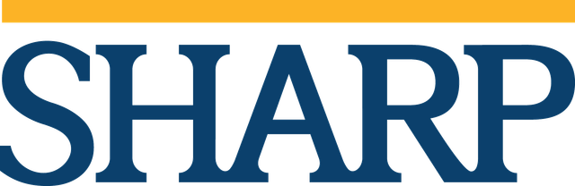 "SHARP" text in dark blue with a yellow horizontal bar above it.