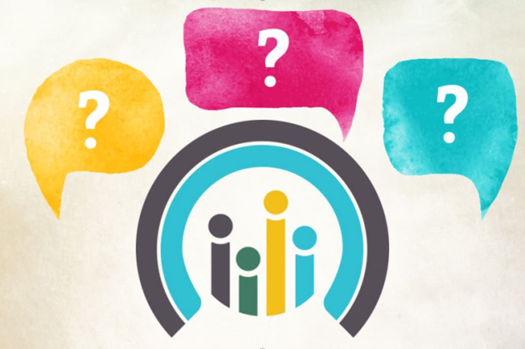 Colorful speech bubbles with question marks above a bar graph, suggesting survey or inquiry.