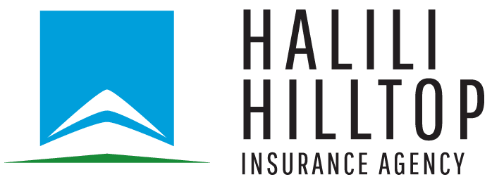 Logo for Halili Hilltop Insurance Agency: Blue square, white arched mountain peak, green ground, black text.