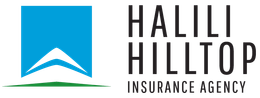 Logo for Halili Hilltop Insurance Agency: Blue square, white arched mountain peak, green ground, black text.