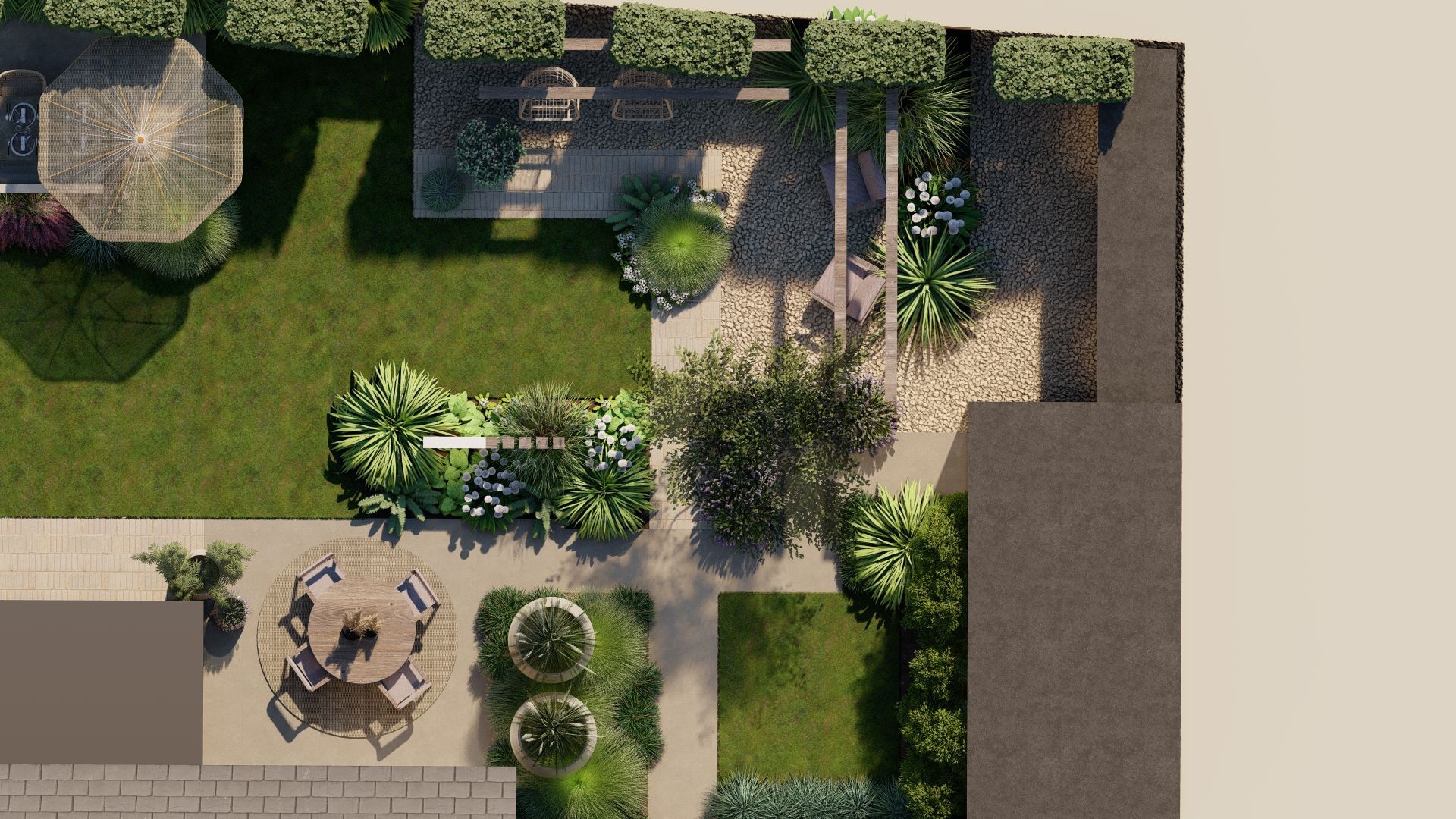 Een luchtfoto van een tuin met een tafel en stoelen.