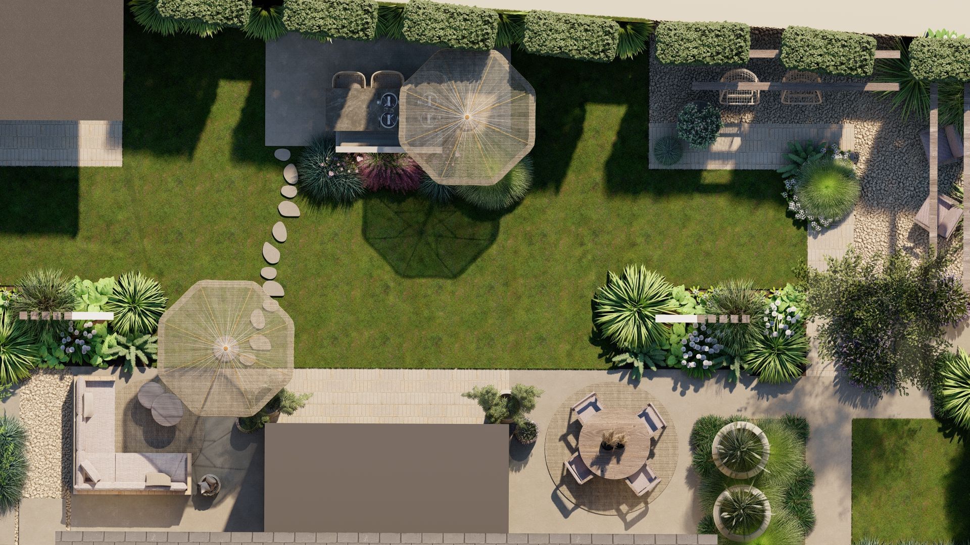 Een luchtfoto van een tuin met een tafel en stoelen.