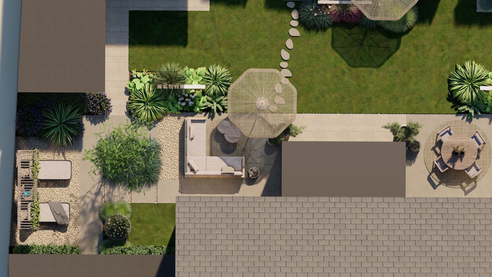 Een luchtfoto van een achtertuin met een tafel en stoelen.