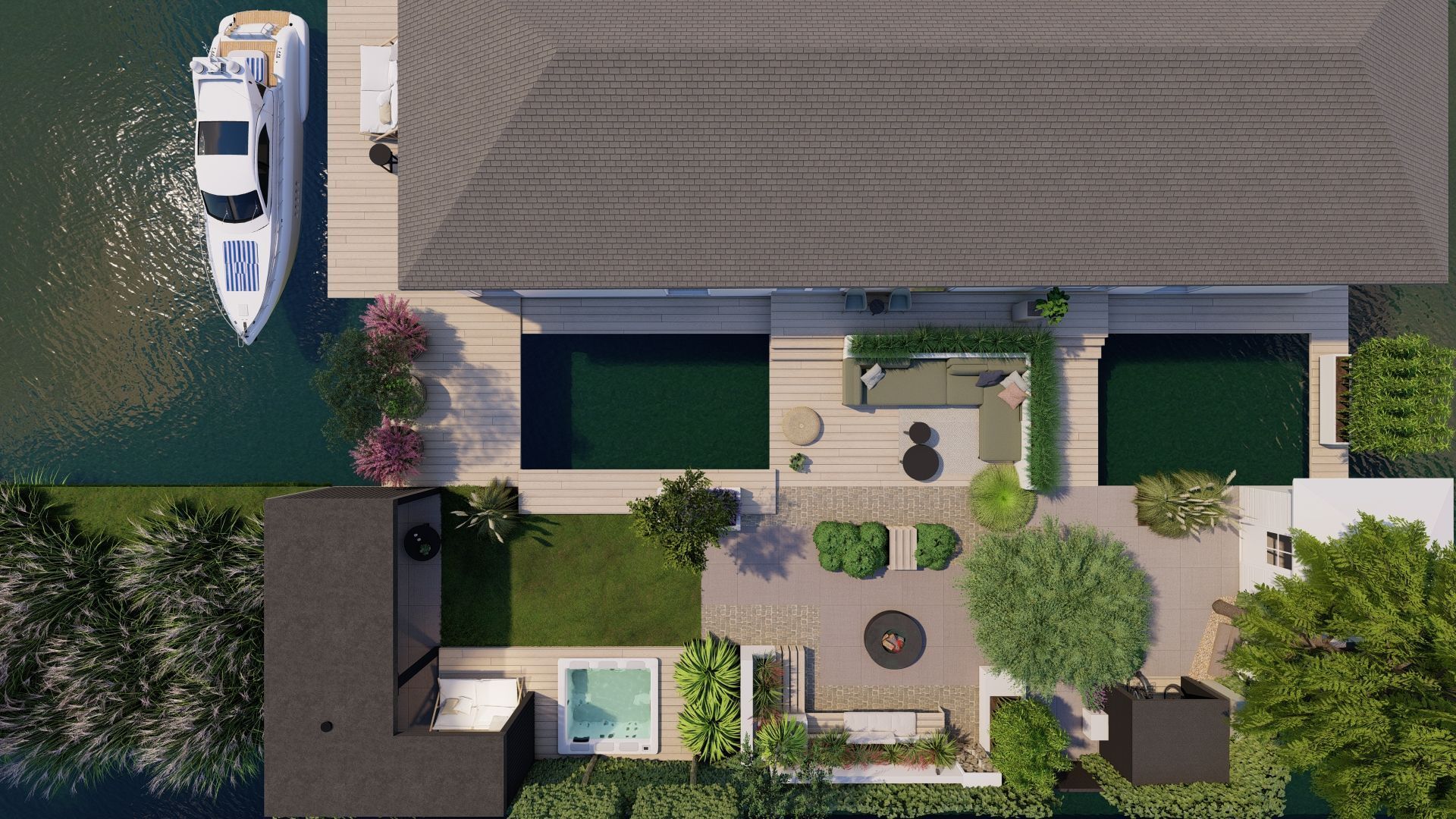 Een luchtfoto van een huis met een boot in het water