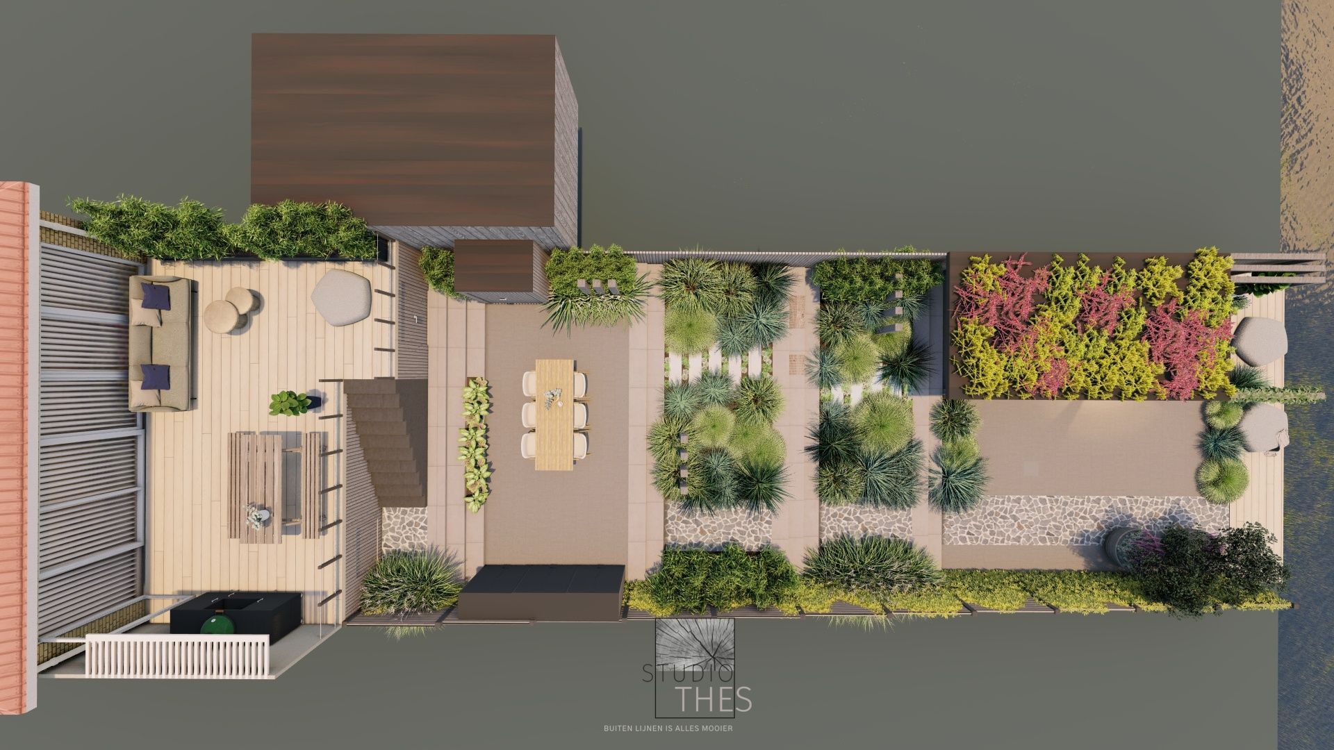 Een luchtfoto van een tuin met een tafel en stoelen.