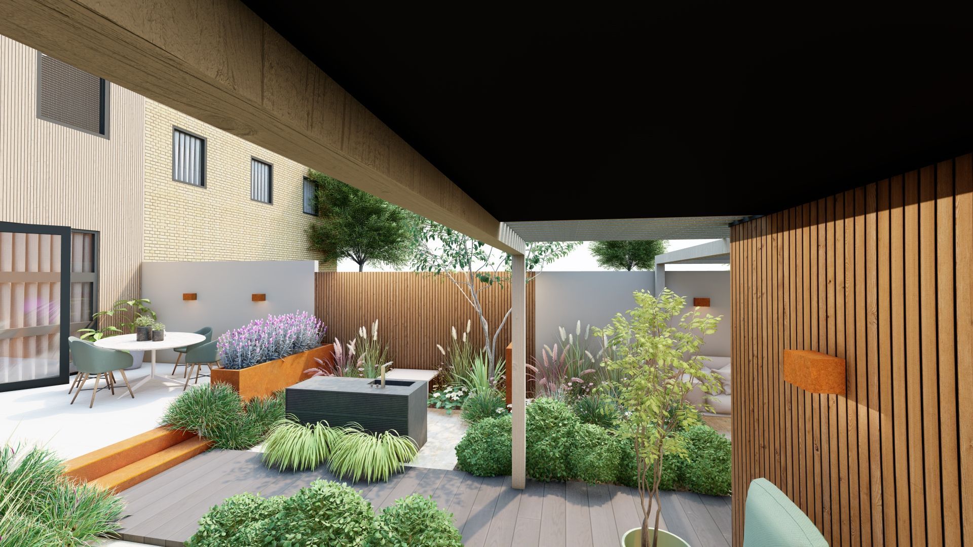 Een impressie van een achtertuin met een houten hek en een terras.