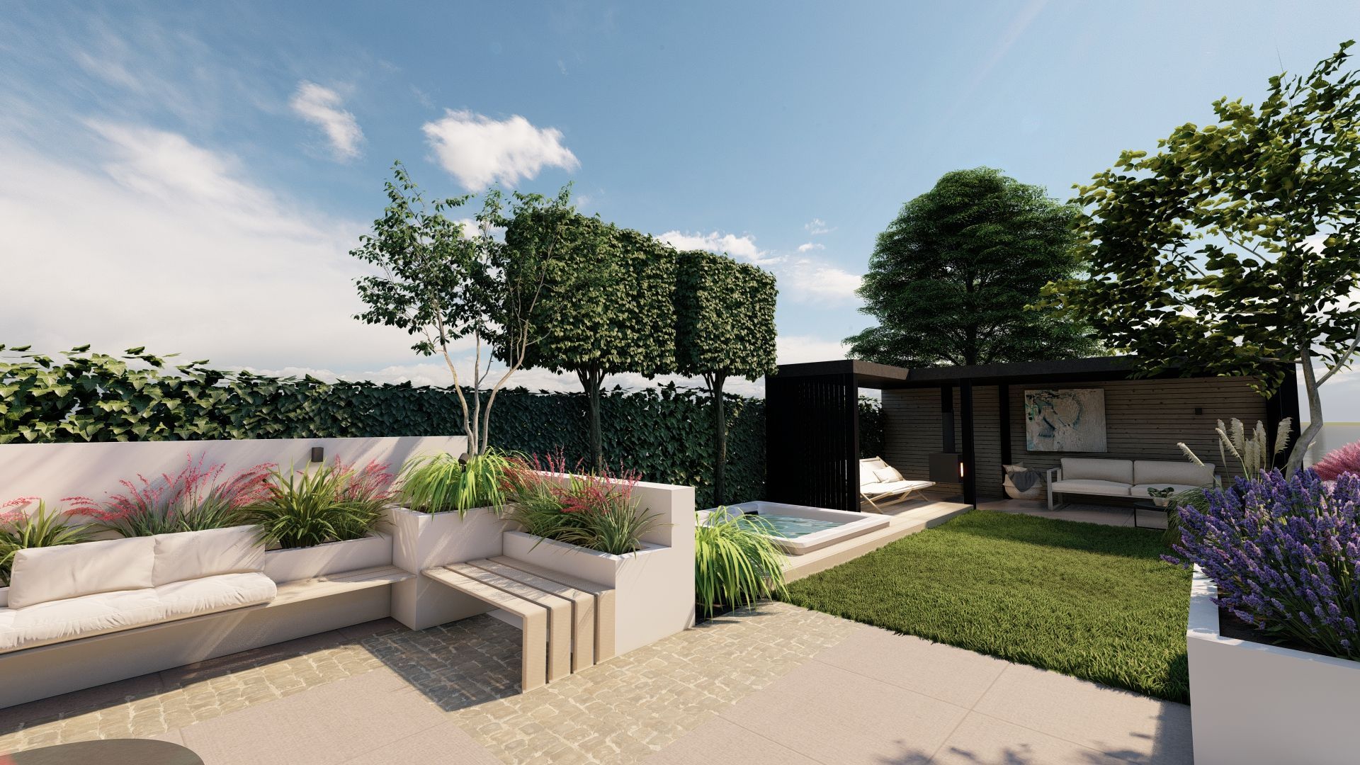 Een impressie van een terras met een bank en een zwembad.