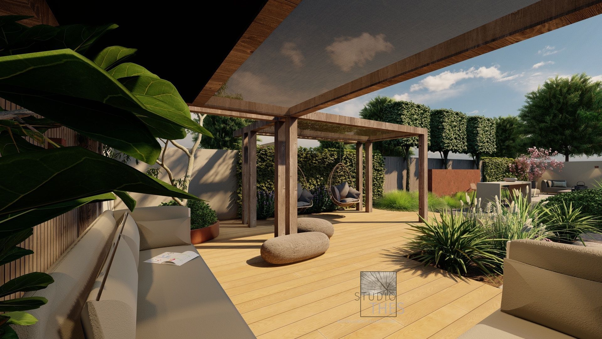 Een weergave van een terras met een bank, stoelen en een pergola.