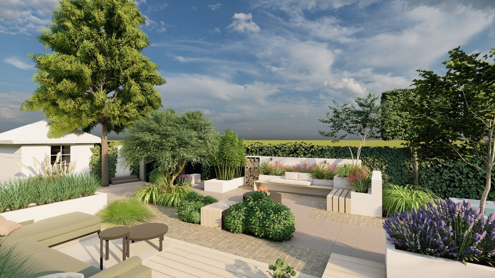 Een impressie van een tuin met terras en bomen.