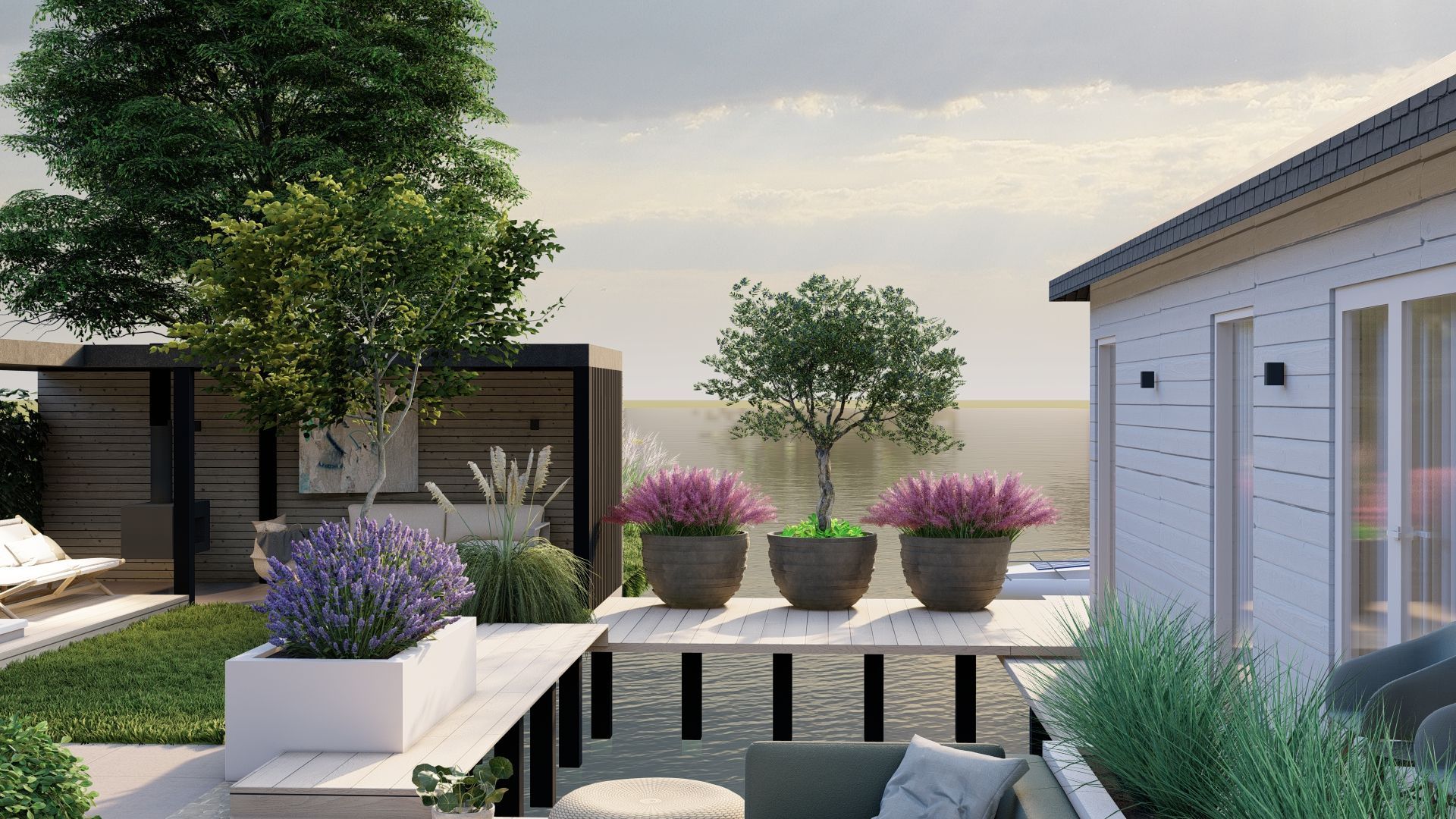 Een impressie van een achtertuin met potplanten en een bank.