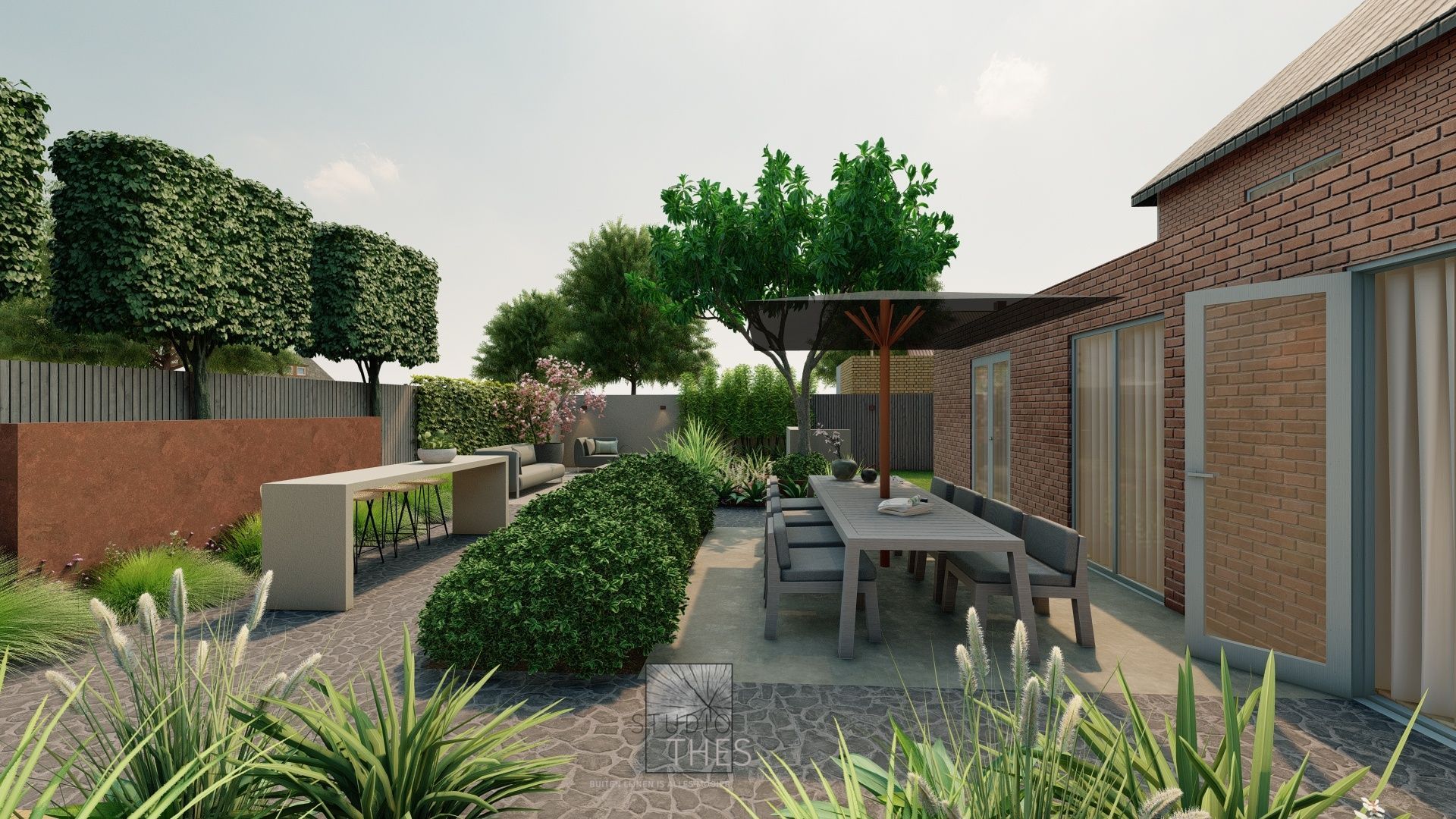 Een impressie van een terras met een tafel en stoelen.